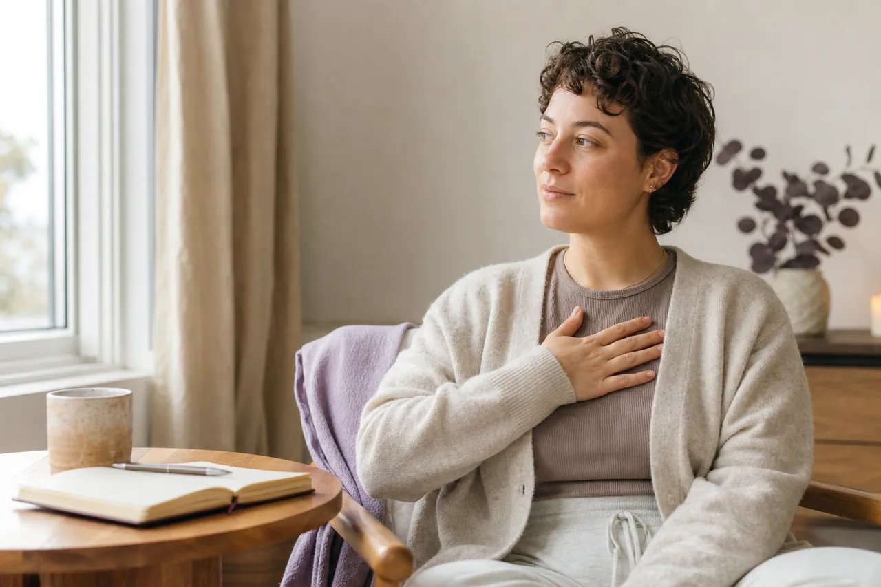 A person taking a quiet grounding pause beside a journal